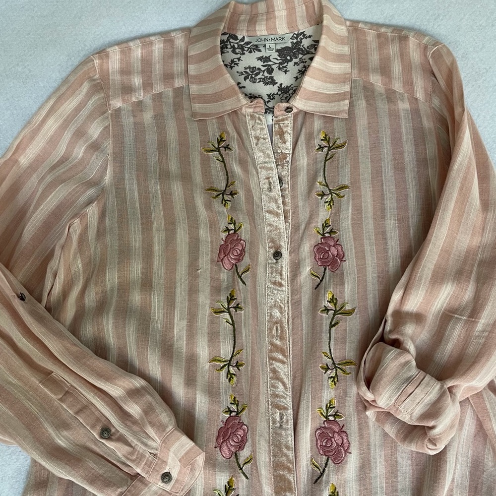 John Mark Mixed Media tunic embroidery linen blend roll tab sleeves Size L - Picture 12 of 16
